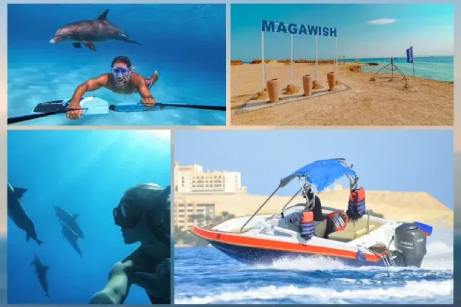 Full Day Dolphin House Hurghada by private speedboat & Magawish Island with Water Sports & Lunch